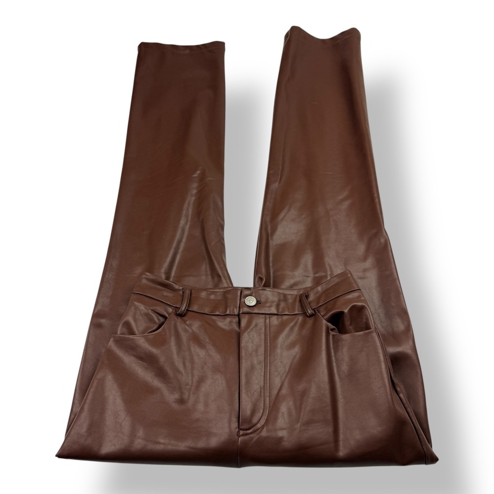 White Fox Womens Medium Brown Faux Vegan Leather High Rise Straight Leg Pants